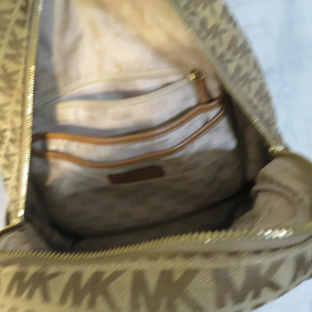 Michael Kors Abbey Backpack Signature Monogram Canvas Tan Leather Gold Hardware